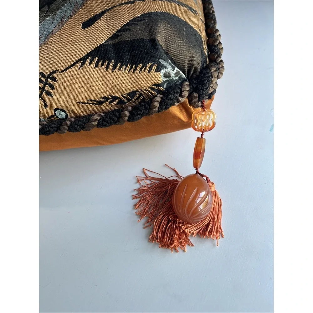 Silk Embroidered Floral  Tapestry Pillow w/Tassels Braided Rope 20x15 Lux